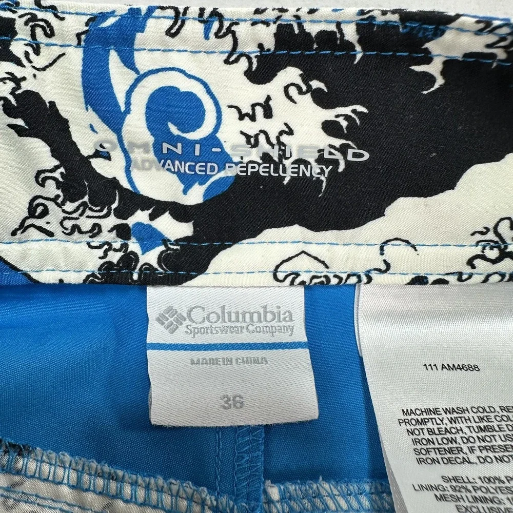 Columbia Shorts Men's 36 Blue White Black Omni-Shield Board Swim Trunks Graphic‎